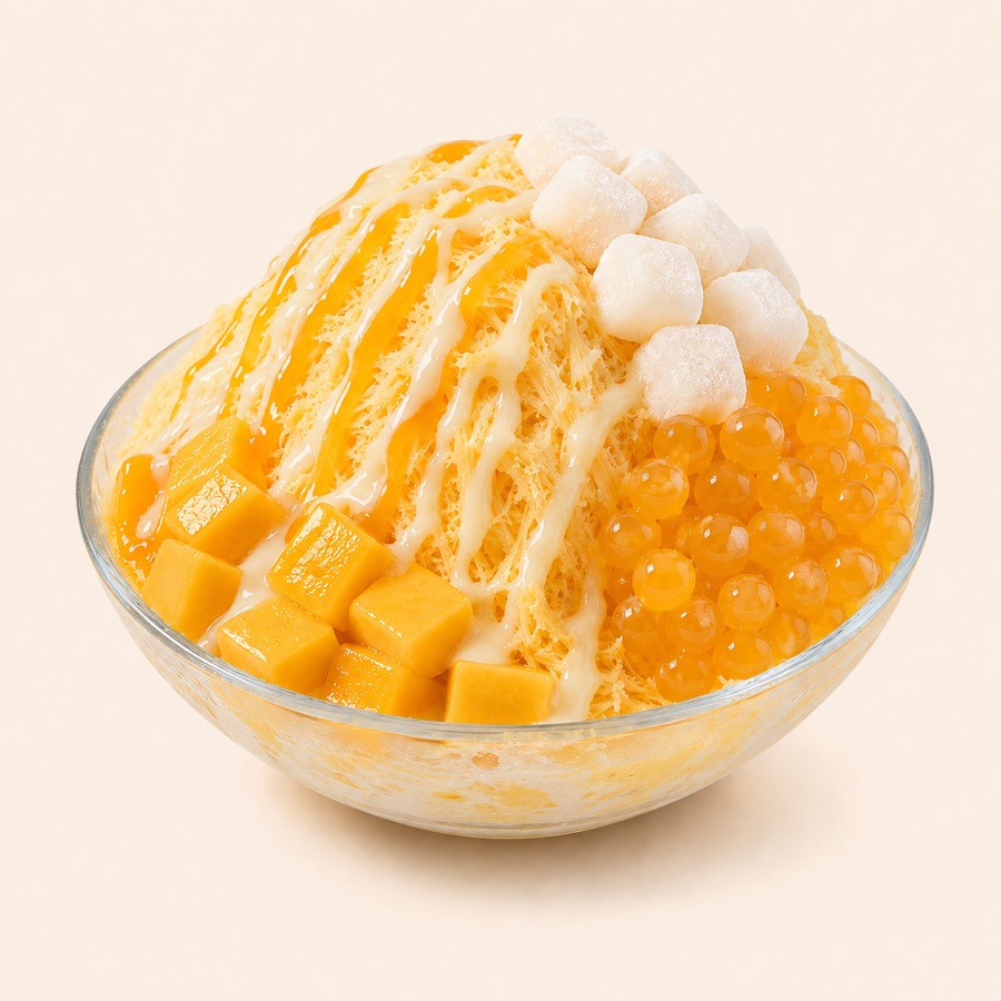 Mango Galaxy bingsu cup with mango snow ice, fresh diced mango, mango bursting boba, mochi, condensed milk drizzle, and mango syrup drizzle.