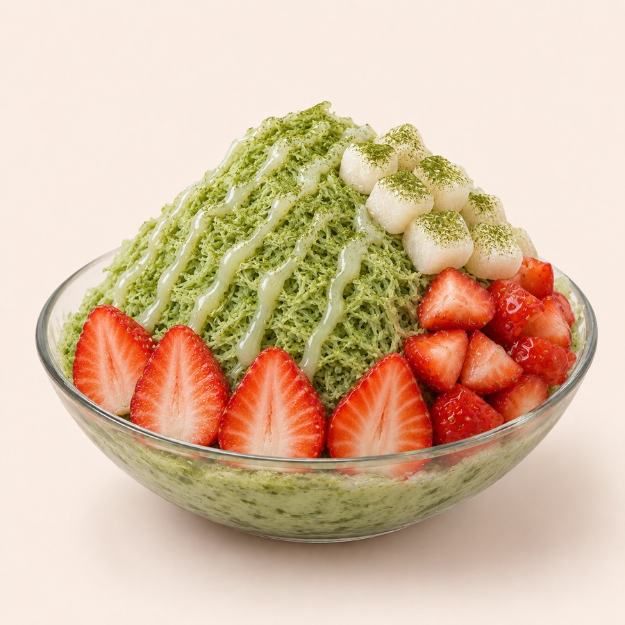 Matcha Moon bingsu cup with matcha snow ice, matcha powder, fresh strawberries, mochi, and condensed milk drizzle.