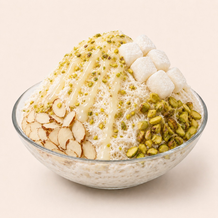 Milky Way bingsu cup with almonds, pistachios, mochi, and condensed milk drizzle.