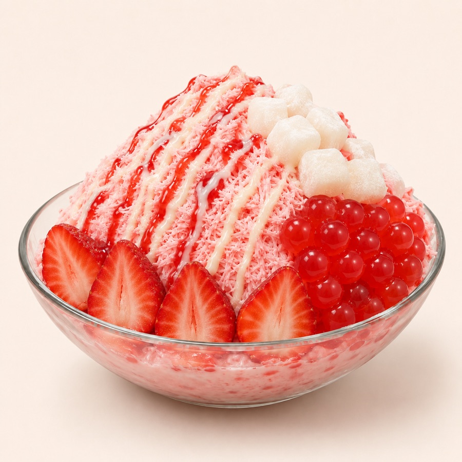 Strawberry Nebula bingsu cup with strawberry snow ice, fresh strawberries, strawberry bursting boba, mochi, condensed milk drizzle, and strawberry syrup drizzle.