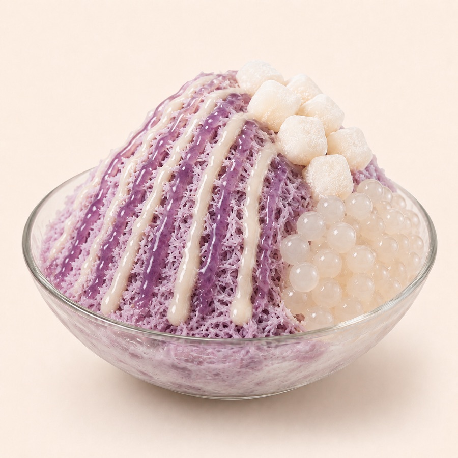 Taro Nova bingsu cup with taro snow ice, lychee bursting boba, mochi, condensed milk drizzle, and lychee syrup drizzle.